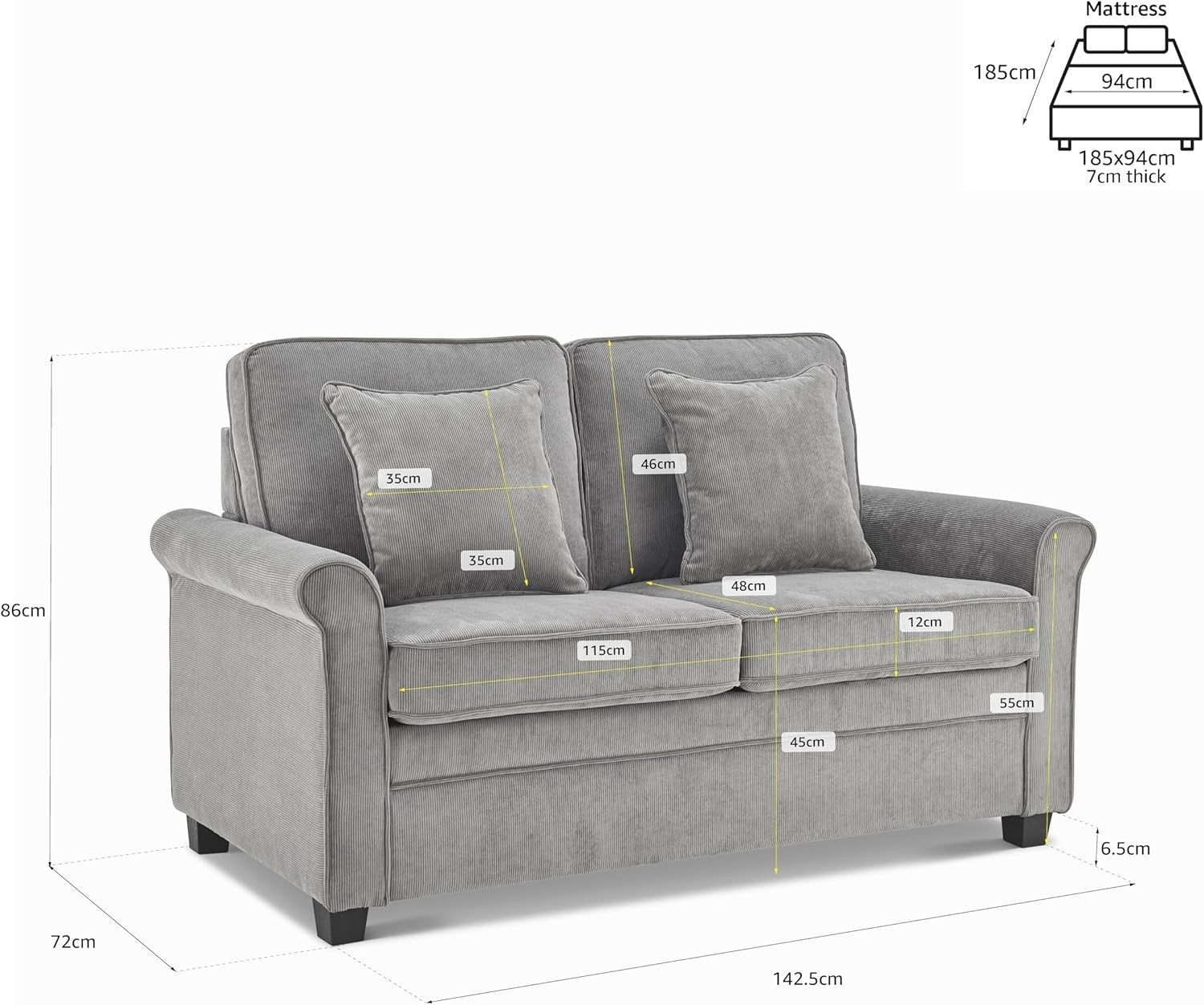 Grey Corduroy Sofa Bed 2 Seater Fold Out Couch Guest Bed Compact Lounge