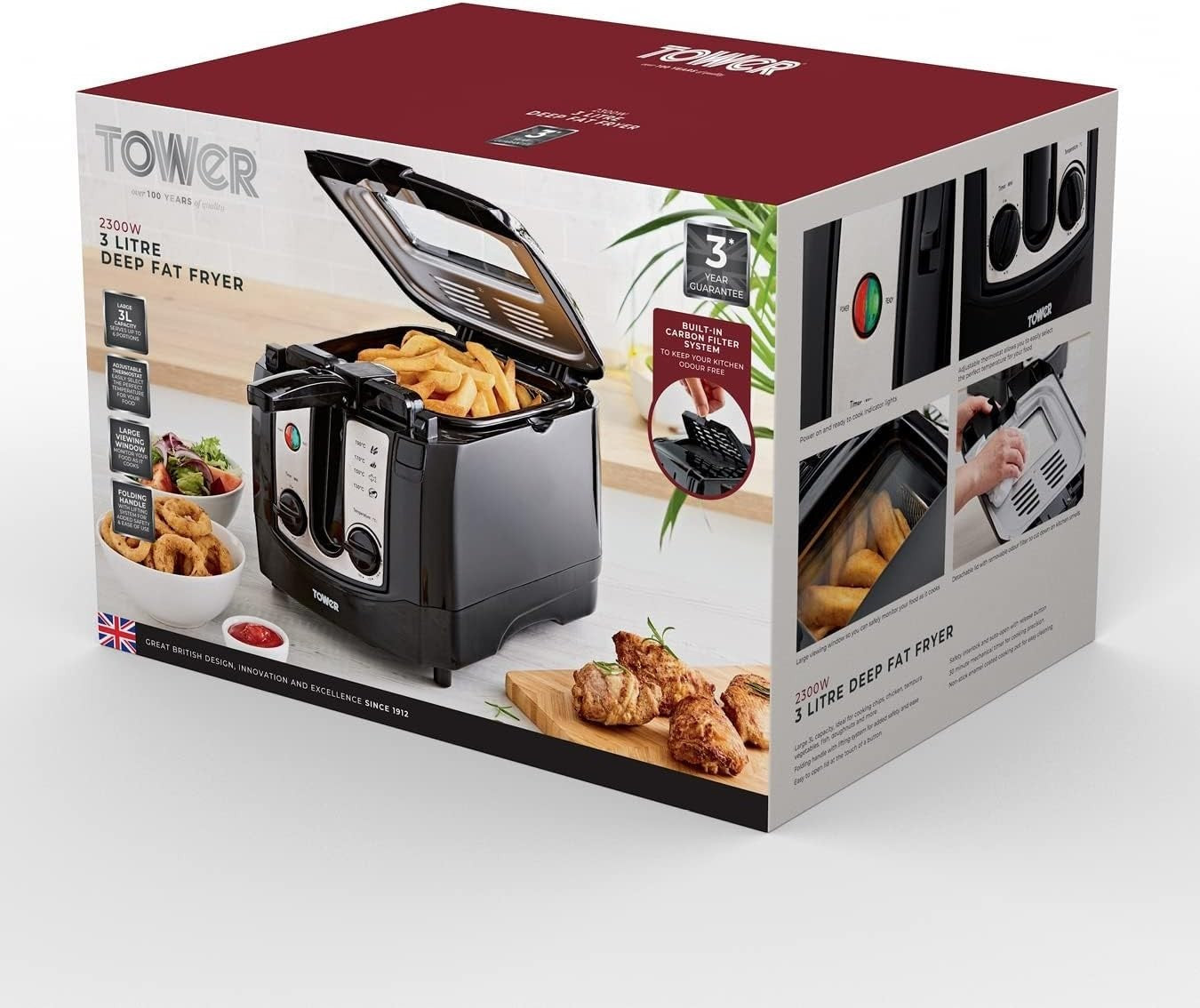 3L Deep Fat Fryer 2300W Adjustable Thermostat Timer Large Viewing Window