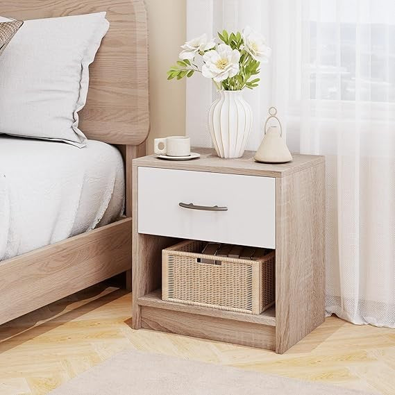 Modern Wooden Bedside Table with Drawer & Open Shelf, Small Nightstand