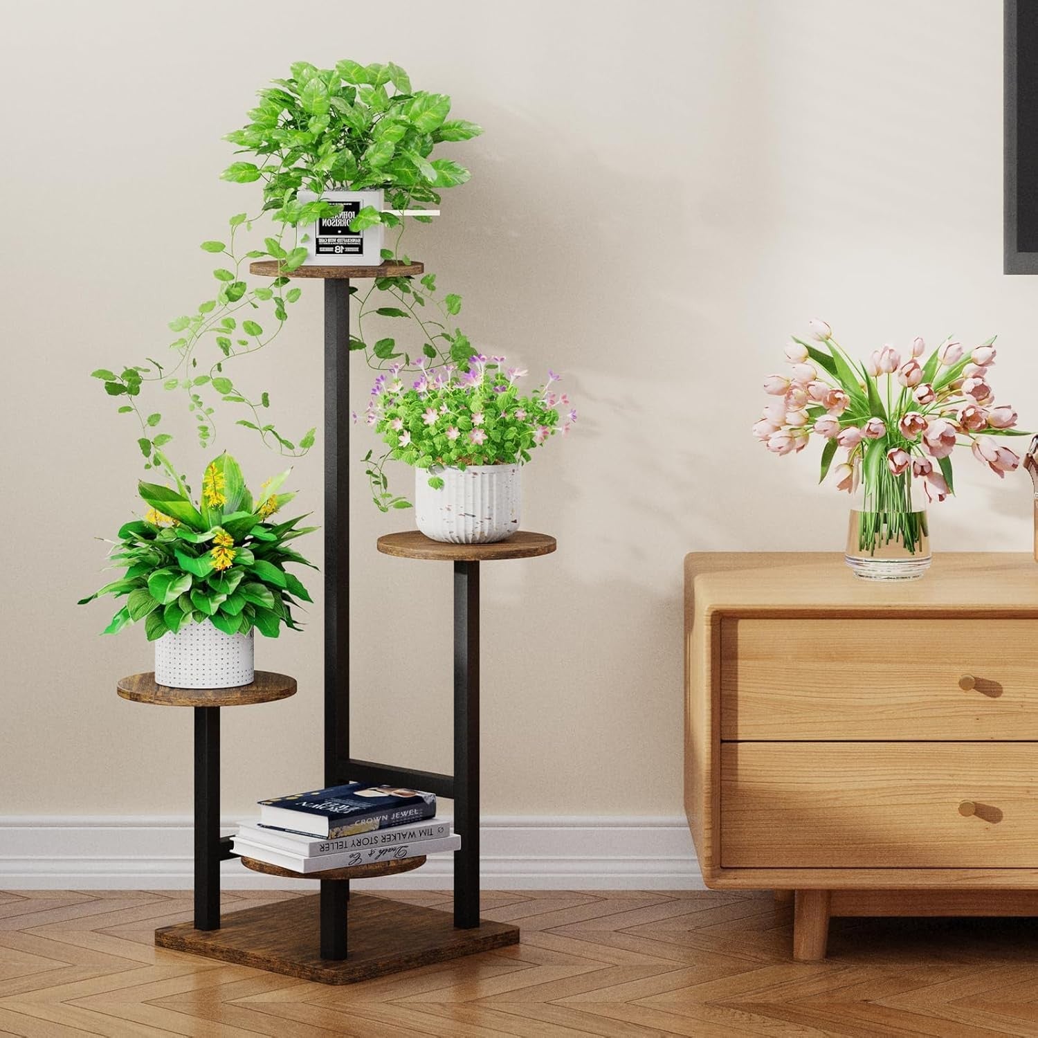 4-Tier Metal Plant Stand with Adjustable Grow Light & Hook | Indoor Corner Shelf