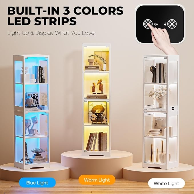 Tall LED Display Cabinet with Glass Doors, 63" Shelf Unit, 3-Color Lights, Senso