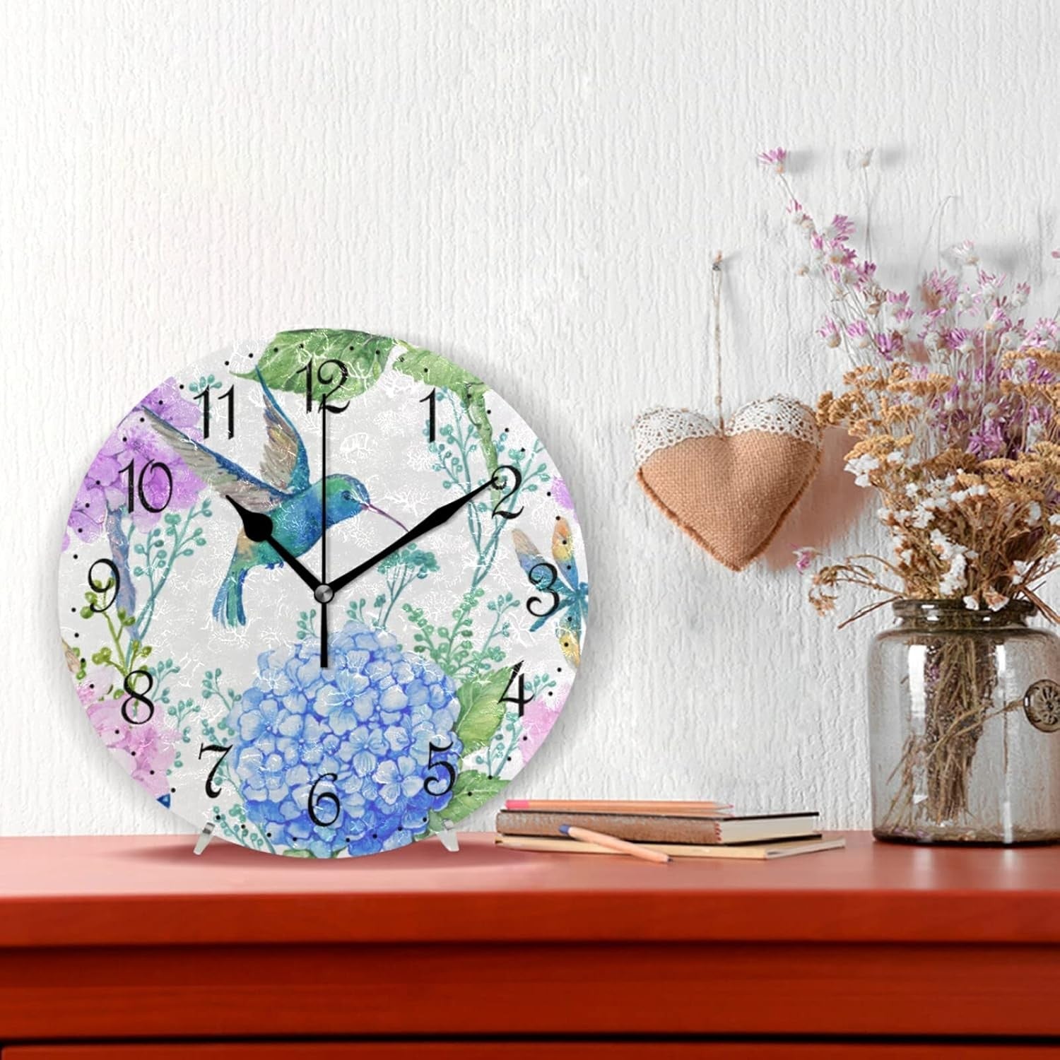 25cm Hummingbird Wall Clock – Silent Non-Ticking Watercolour Floral Decor