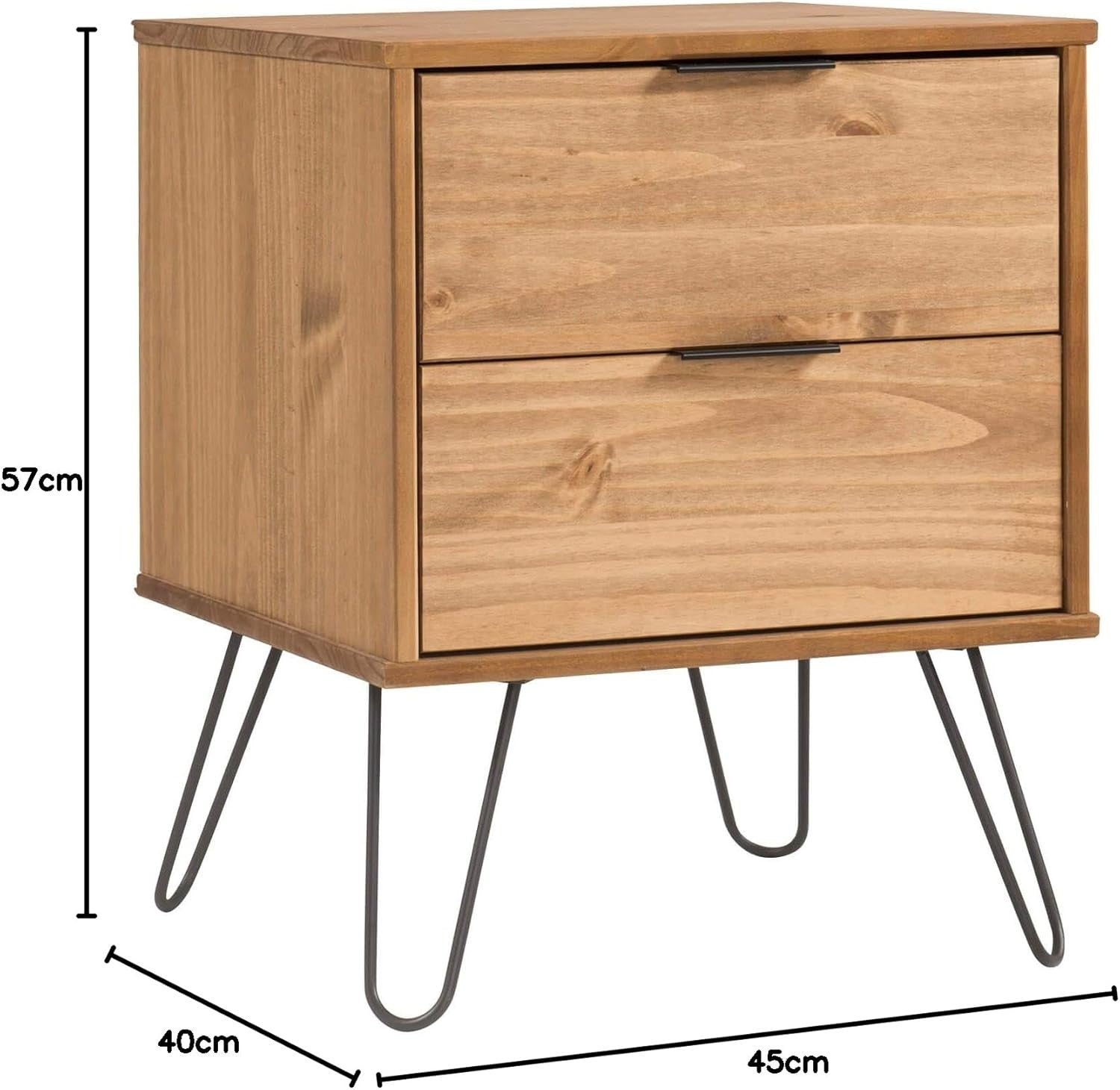 2 Drawer Pine Wood Bedside Table Nightstand Cabinet | Hairpin Legs