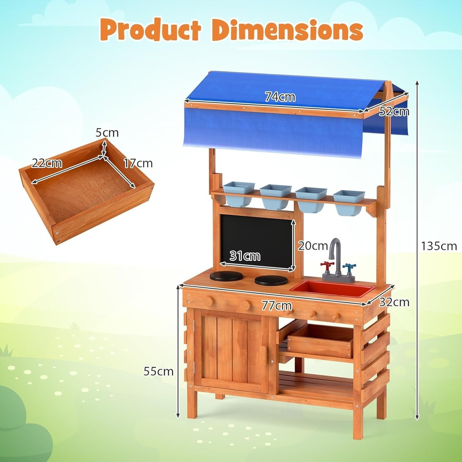 Kids Mud Kitchen Outdoor Wooden Potting Bench Sink Canopy Toy Set