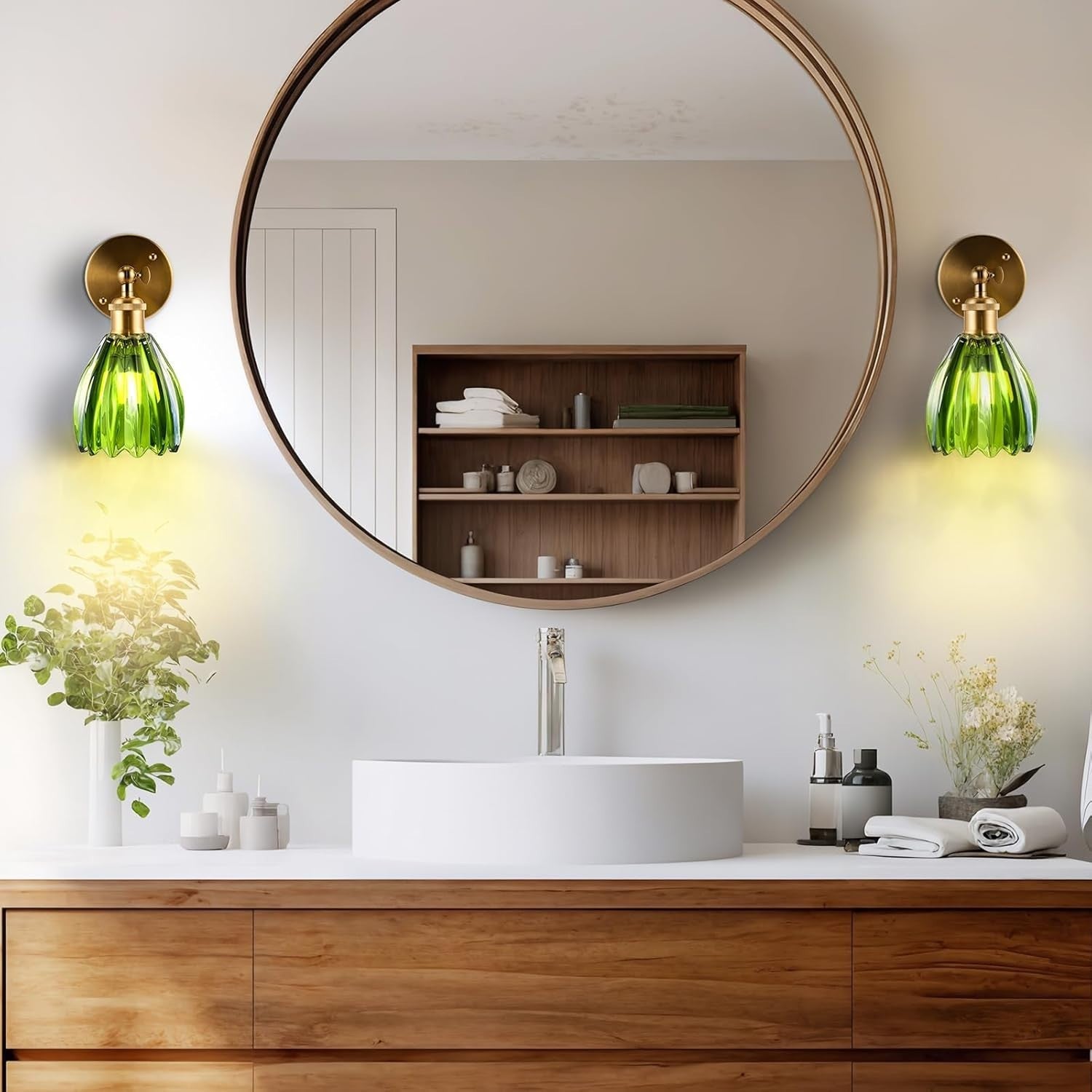 Vintage Wall Sconce Lights Set 2 Green Glass LED Wireless Dimmable Remote