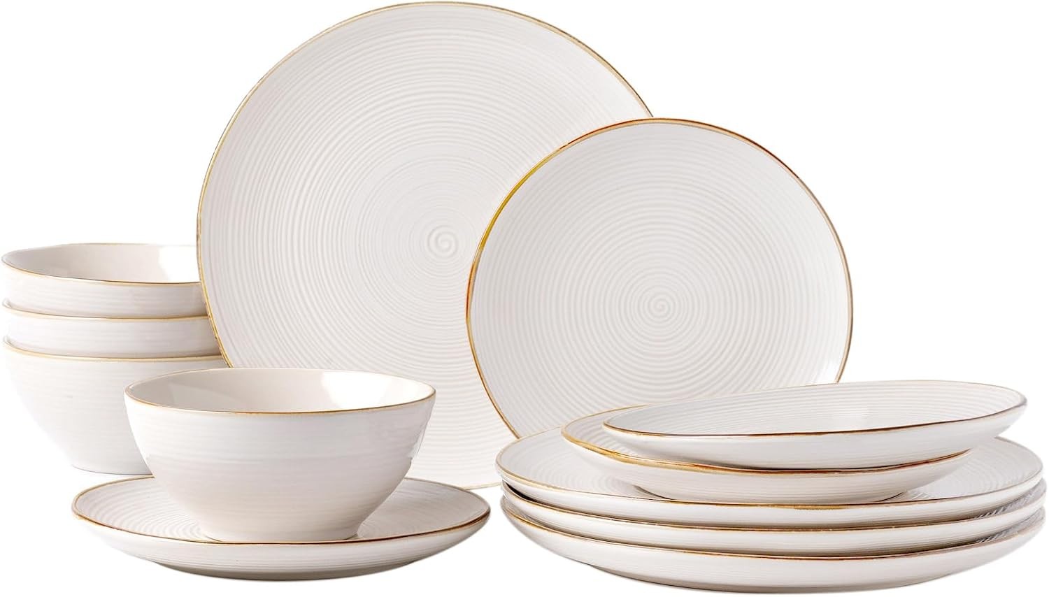 12pc Stoneware Dinnerware Set Plates Bowls Light Cream Service for 4