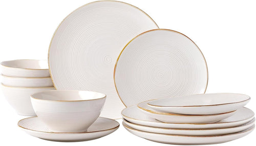 12pc Stoneware Dinnerware Set Plates Bowls Light Cream Service for 4
