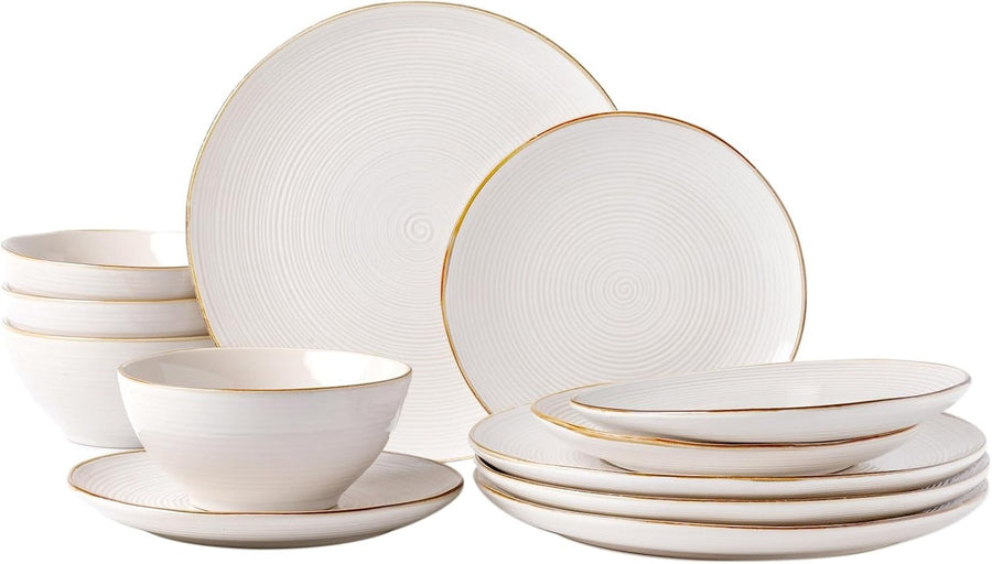 12pc Stoneware Dinnerware Set Plates Bowls Light Cream Service for 4