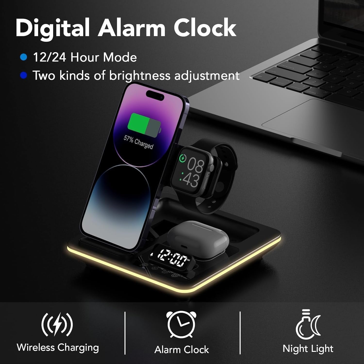 5 in 1 Foldable Wireless Charging Station Clock Night Light Stand
