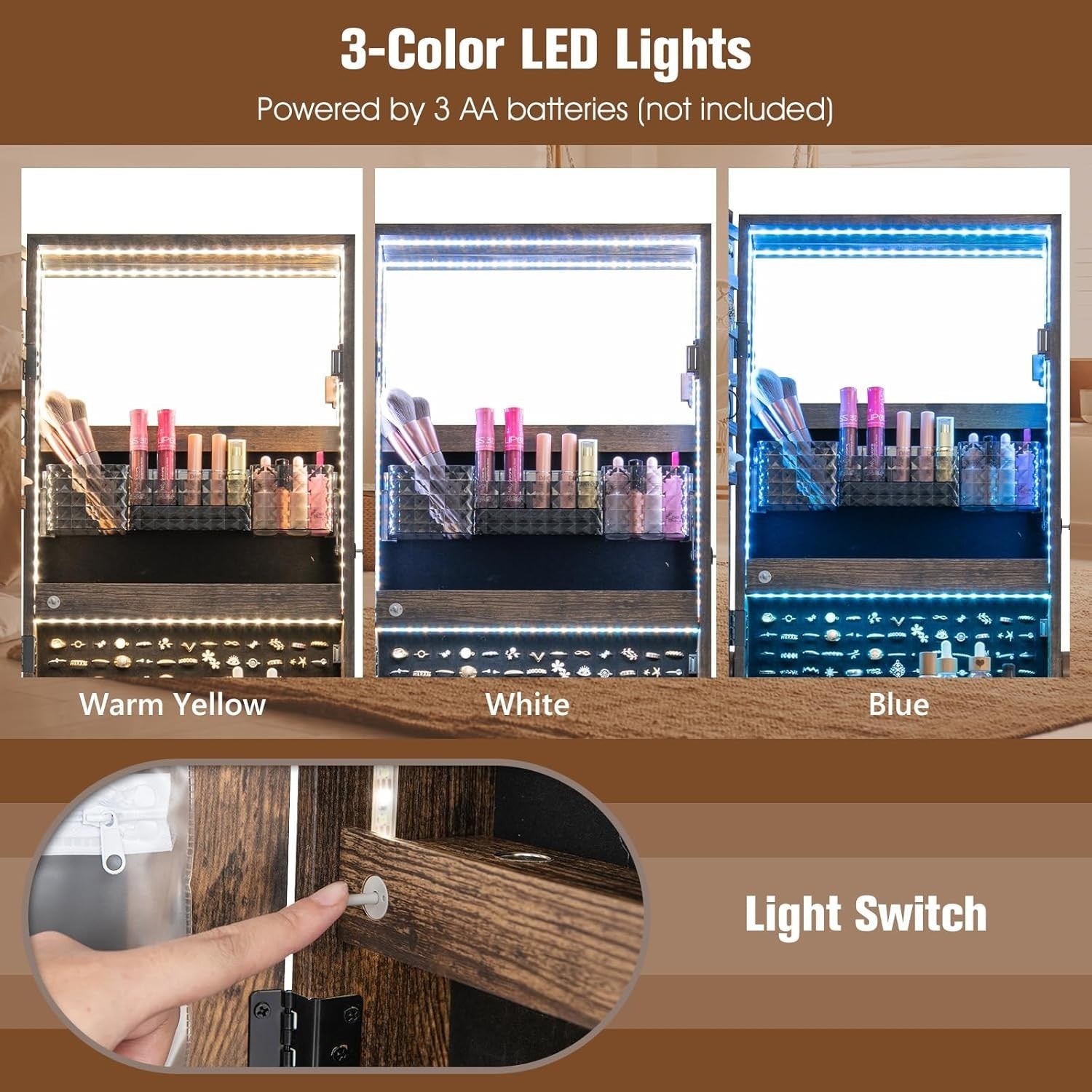 Coffee LED Jewellery Cabinet Lockable Full Length Mirror Mobile