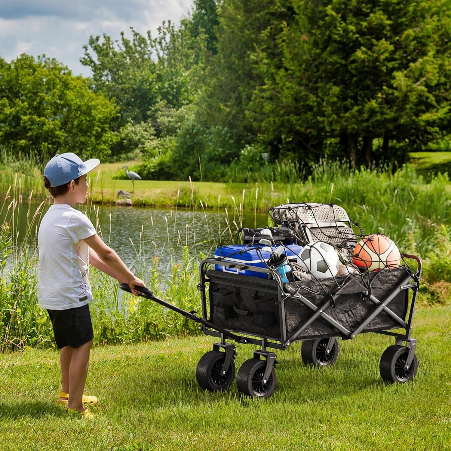 Black Folding Beach Wagon Cart w/ Table Oversized Wheels Adjustable Handle 220lb