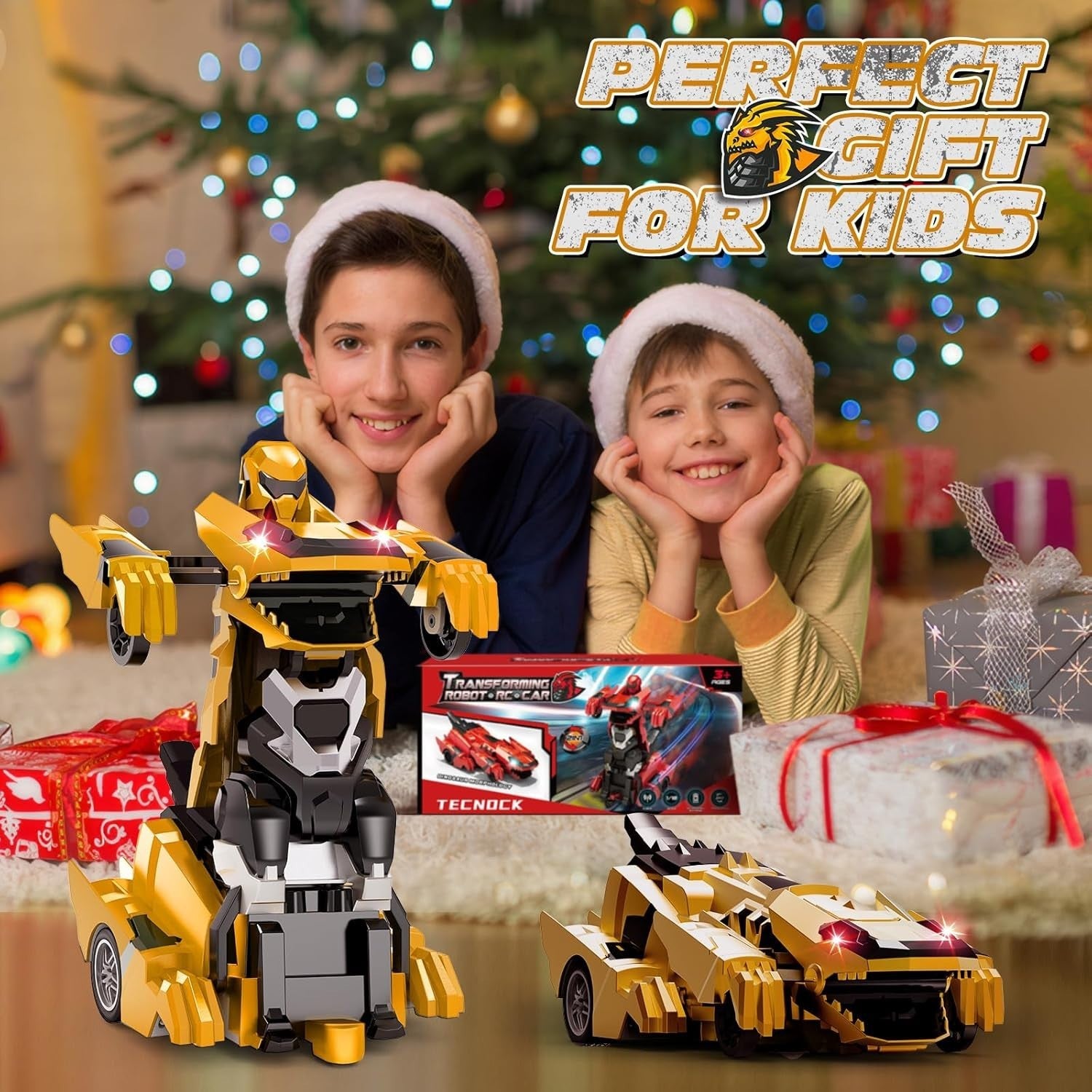 Yellow Transforming Dinosaur RC Car Robot 360° Spin LED Remote Kids Toy