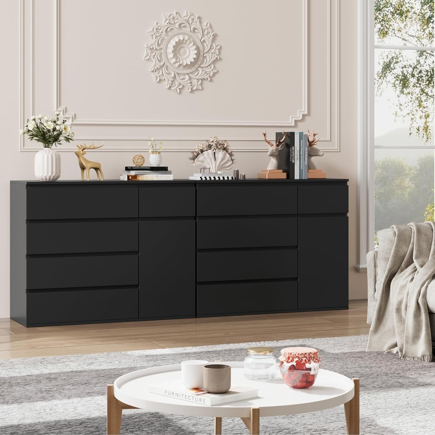 Black Chest of Drawers 5 Drawer 1 Door Cabinet Wide Storage Unit 100cm