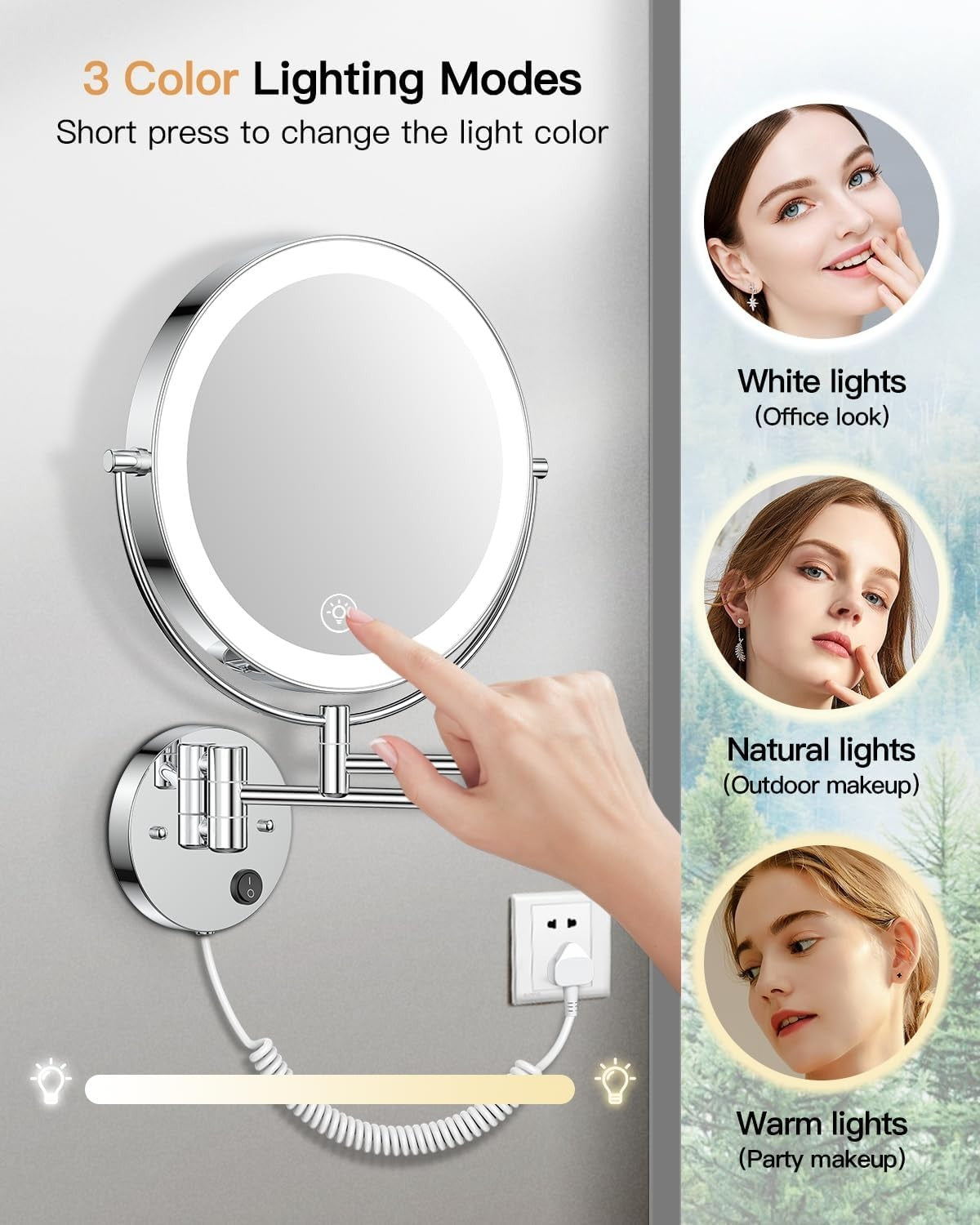 Wall Mounted Lighted Makeup Mirror 9" LED 1X/10X Magnification Touch