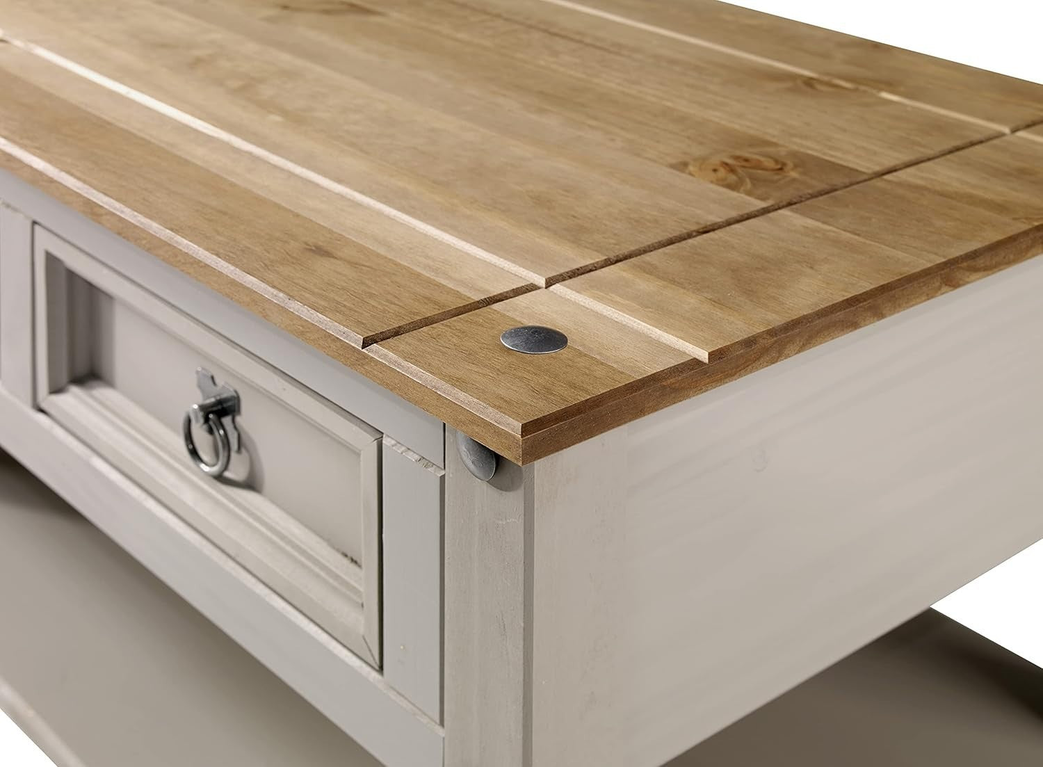 Grey Wax Coffee Table with 2 Drawers & Shelf – Solid Pine, Rustic Storage