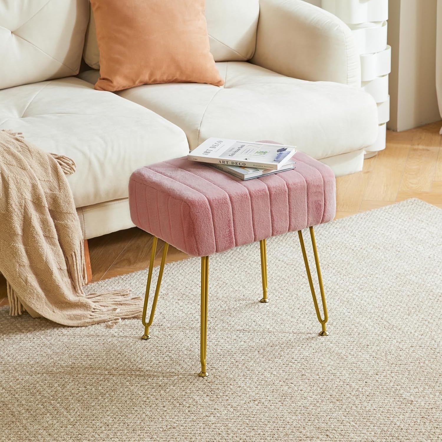 Pink Velvet Footrest Ottoman – Modern Vanity Stool with Gold Metal Legs