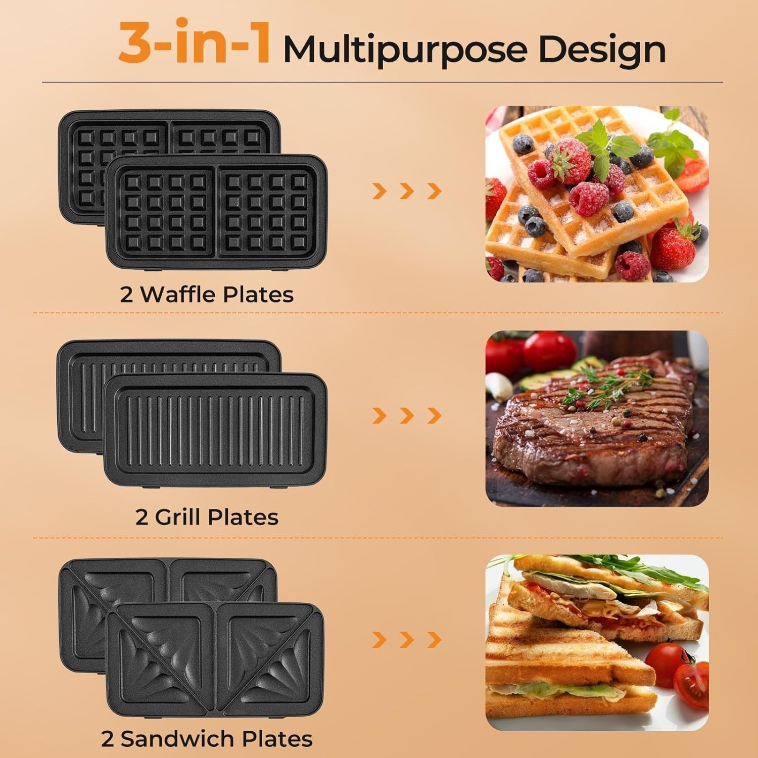 3-in-1 Sandwich Toaster 31x29x28cm Non-Stick Plates Waffle Panini Grill