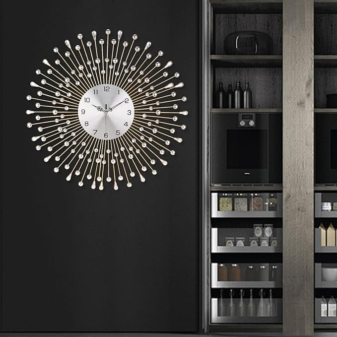 Large 70cm Gold Crystal Wall Clock Silent Luxury Metal Sunburst Modern Decor