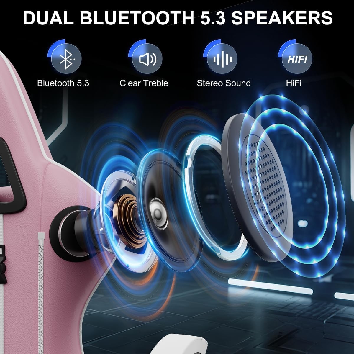 Gaming Chair Pink w/ Bluetooth Speakers Reclining Ergonomic