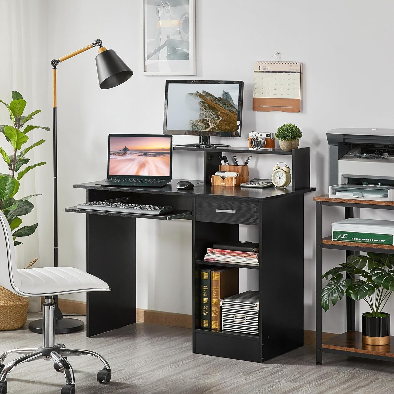 Black Computer Desk with Drawers Storage Shelf Keyboard Tray Home Office