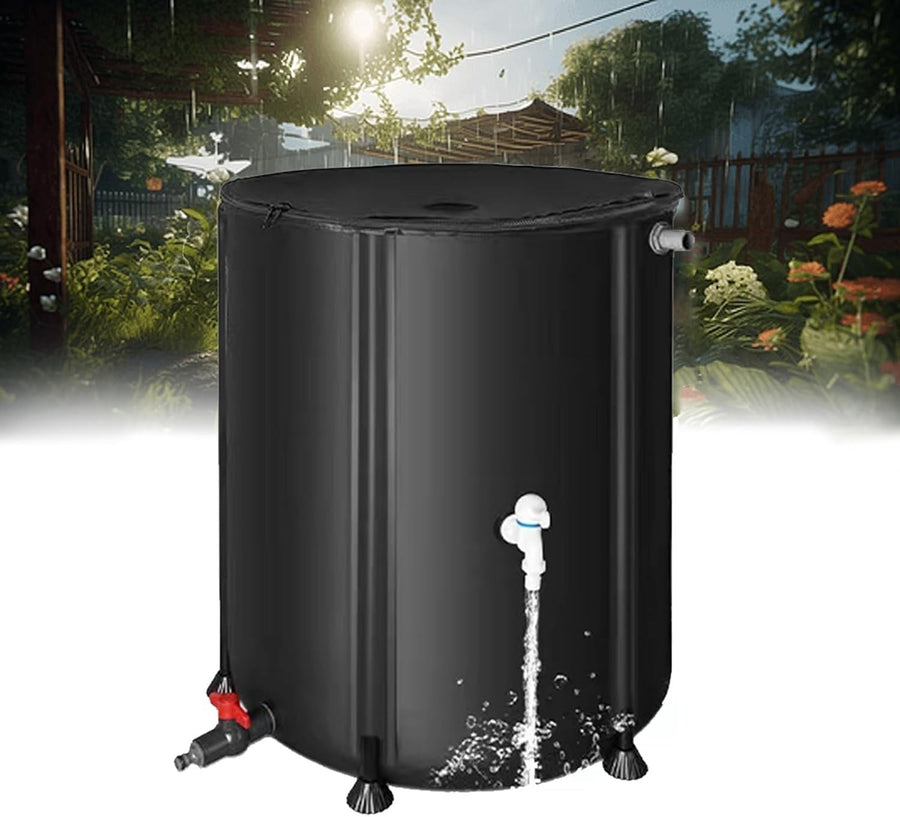 160L Foldable Rain Barrel with Stand Tap Outdoor Garden Water Collector Black