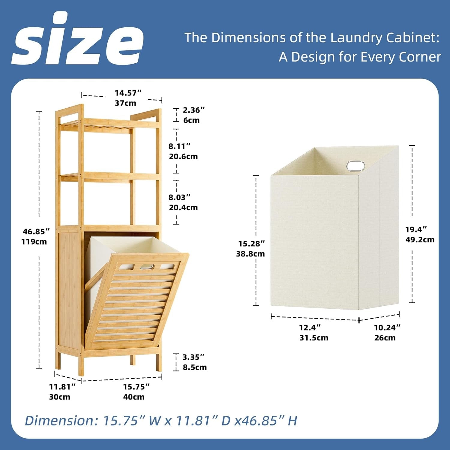Natural Bamboo Tilt Out Laundry Hamper Cabinet 32L Basket with Shelves