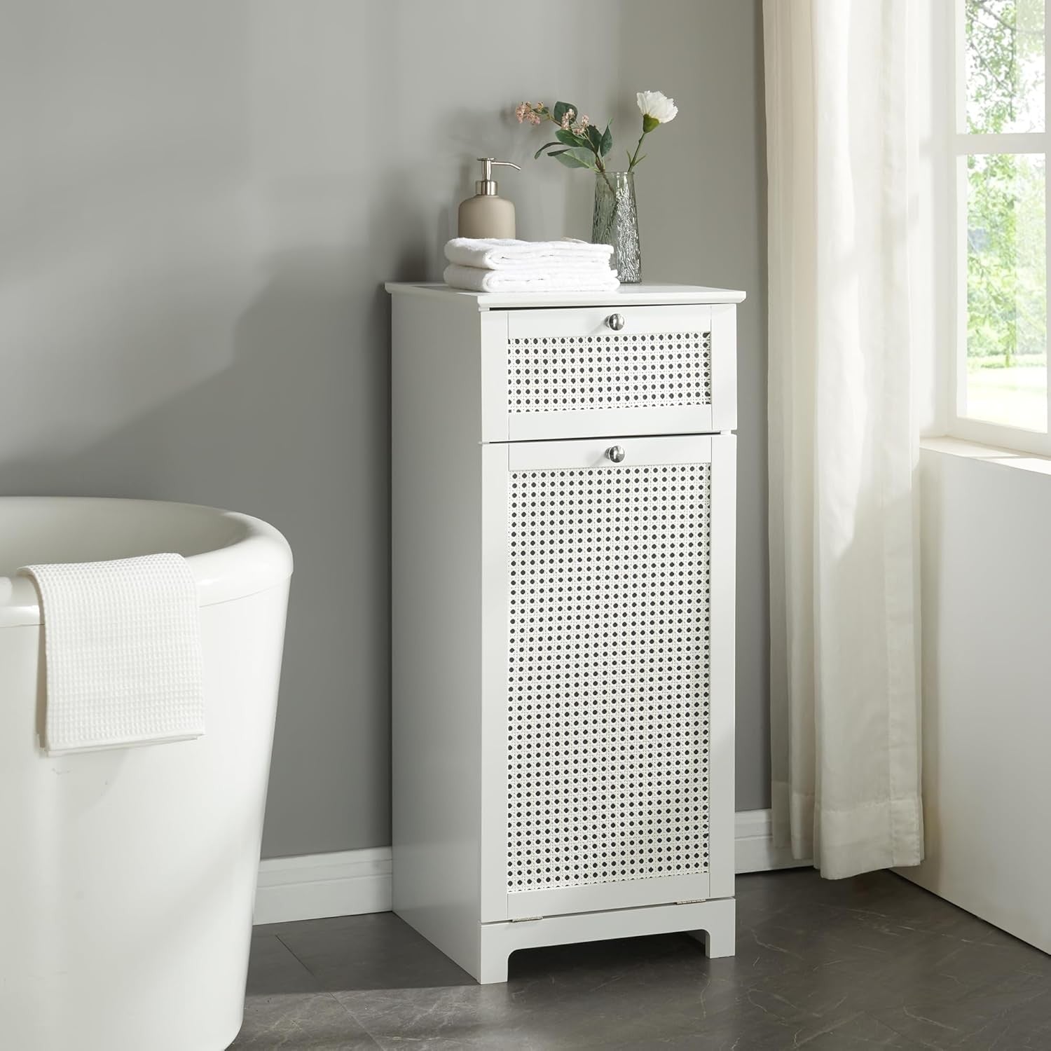 Laundry Cabinet With Fold Out Basket Slim Bathroom Storage Unit White Rattan