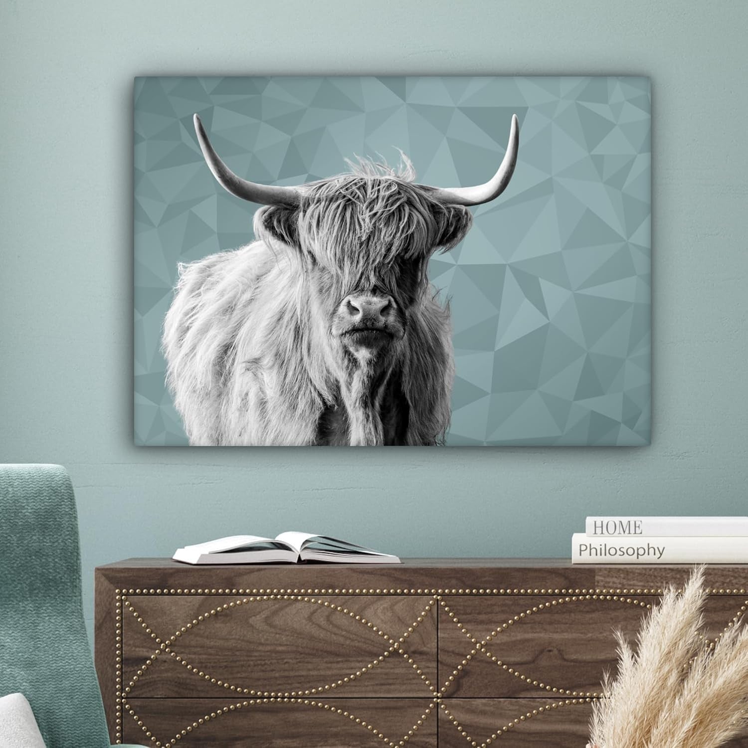 Highland Cow Canvas Wall Art Modern Geometric Animal 70x50cm Home Decor