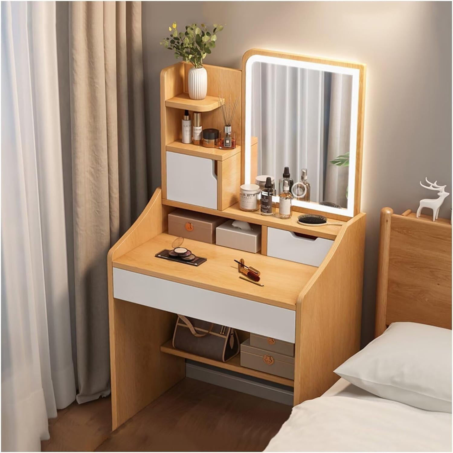 Modern Dressing Table with Mirror & Lights – Makeup Vanity Desk with Drawers – A