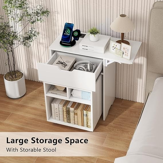 Smart LED Bedside Table with Charging Ports, Drawer & Rolling Storage Seat