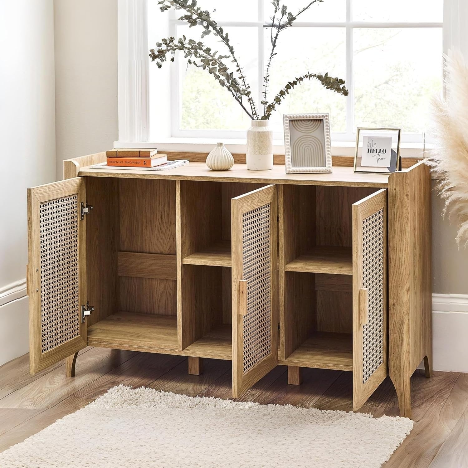 Bohemian Oak Sideboard 3 Doors Storage Cabinet with Shelving for Living Room