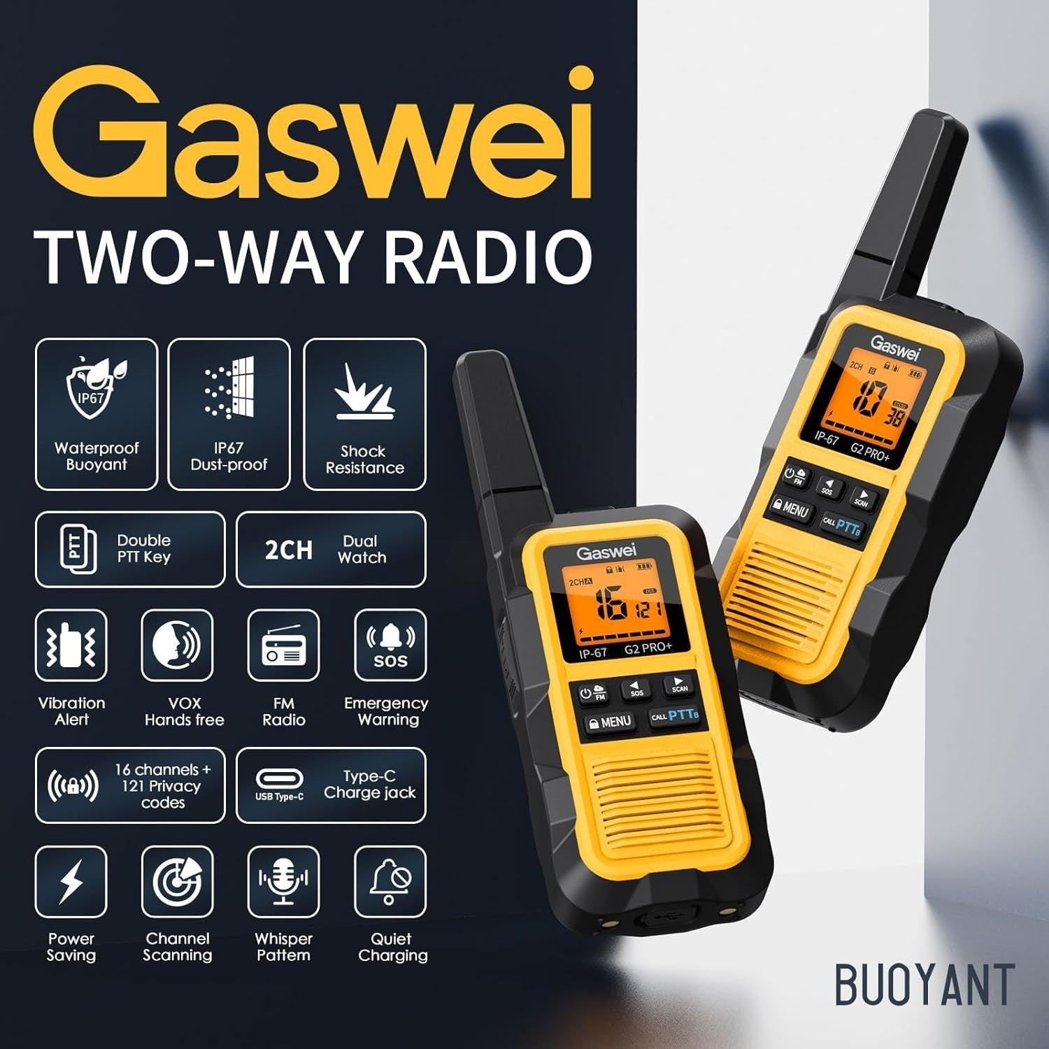 IP67 Waterproof Floating Walkie Talkies 2 Pack Dual PTT FM SOS VOX