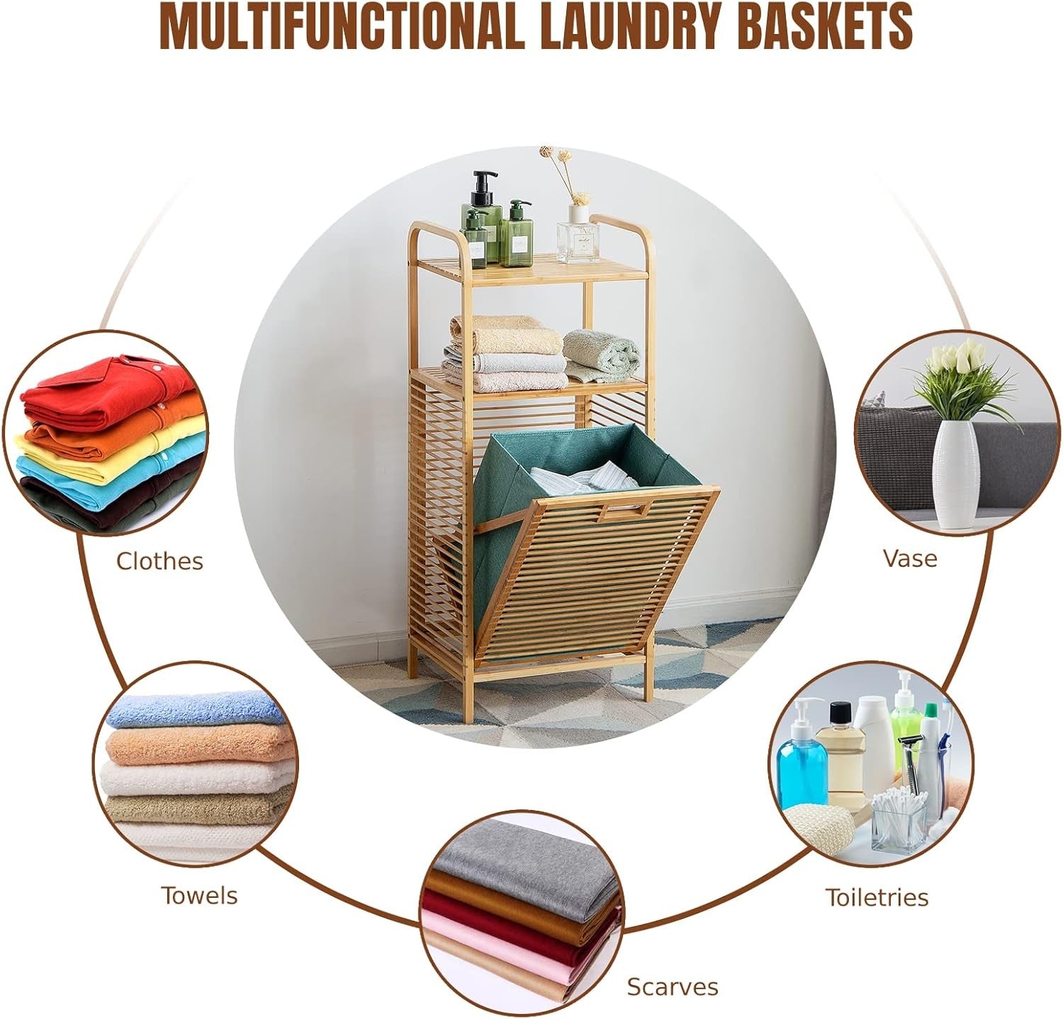 Bamboo 2-Tier Laundry Hamper with Pull-Out Bag & Storage Shelves Bathroom