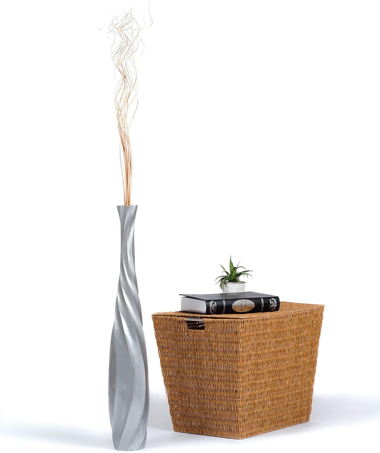 Silver Curved Floor Vase 65cm Tall Wooden Decor for Pampas Grass