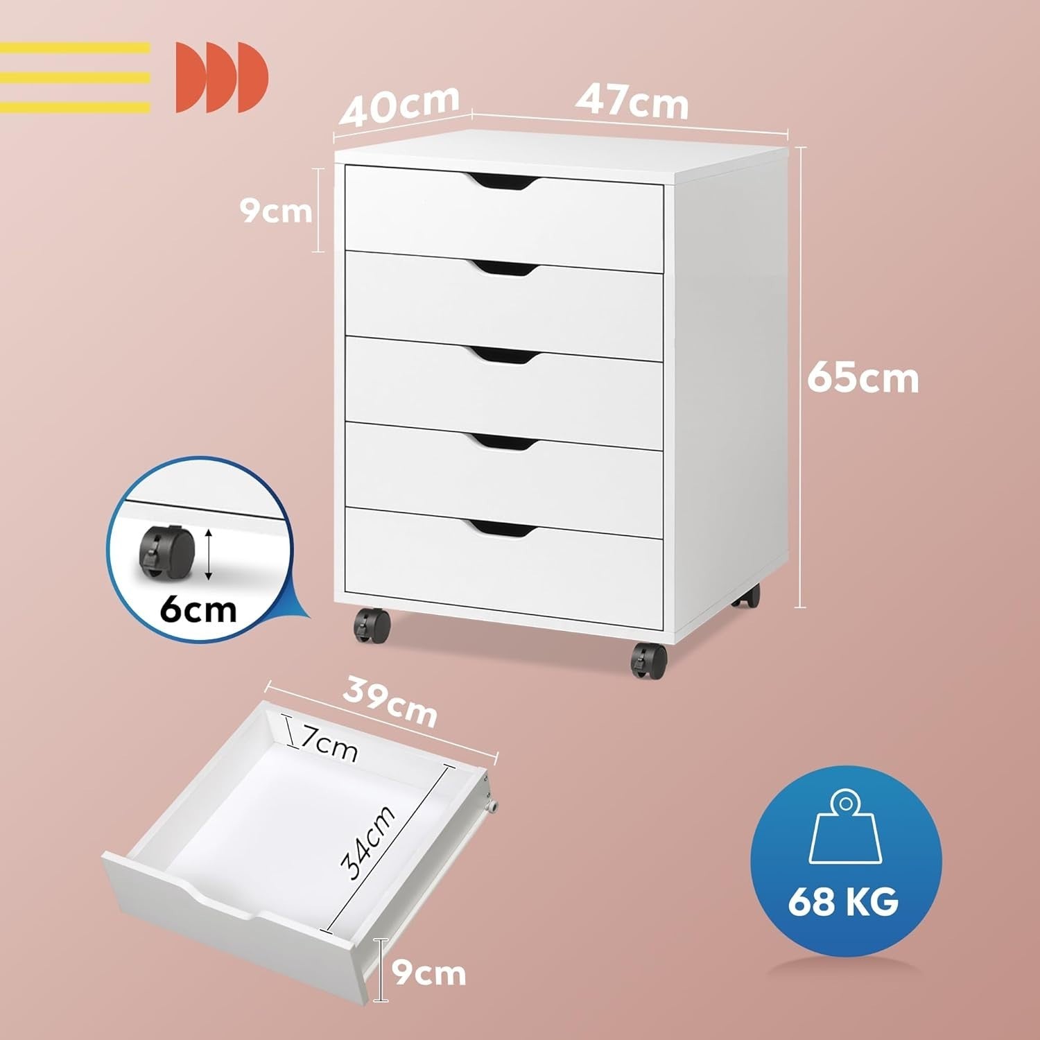 White Mobile File Cabinet 47x40x65cm 5 Drawer Printer Stand