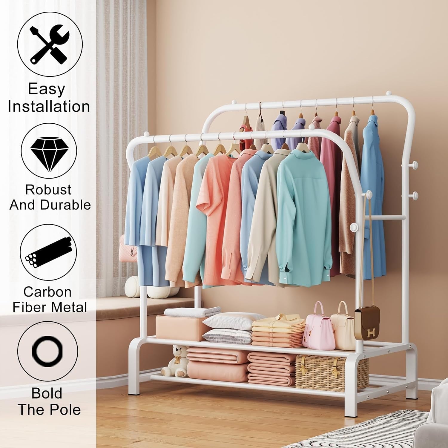 Heavy Duty Double Clothes Rail with Shelf & Hooks – White