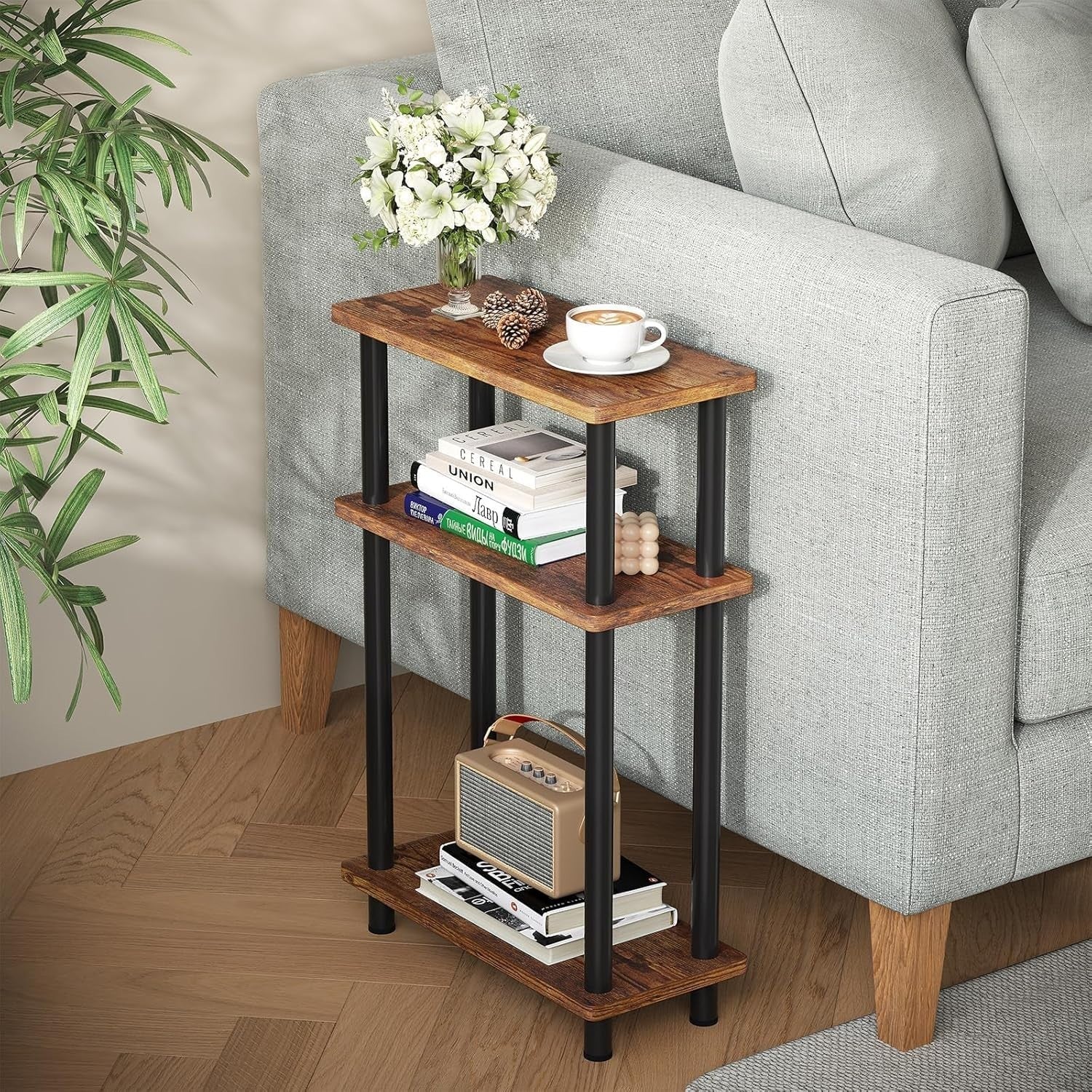 Slim 3-Tier Side Table, Space-Saving Narrow End Table for Bedroom & Living Room