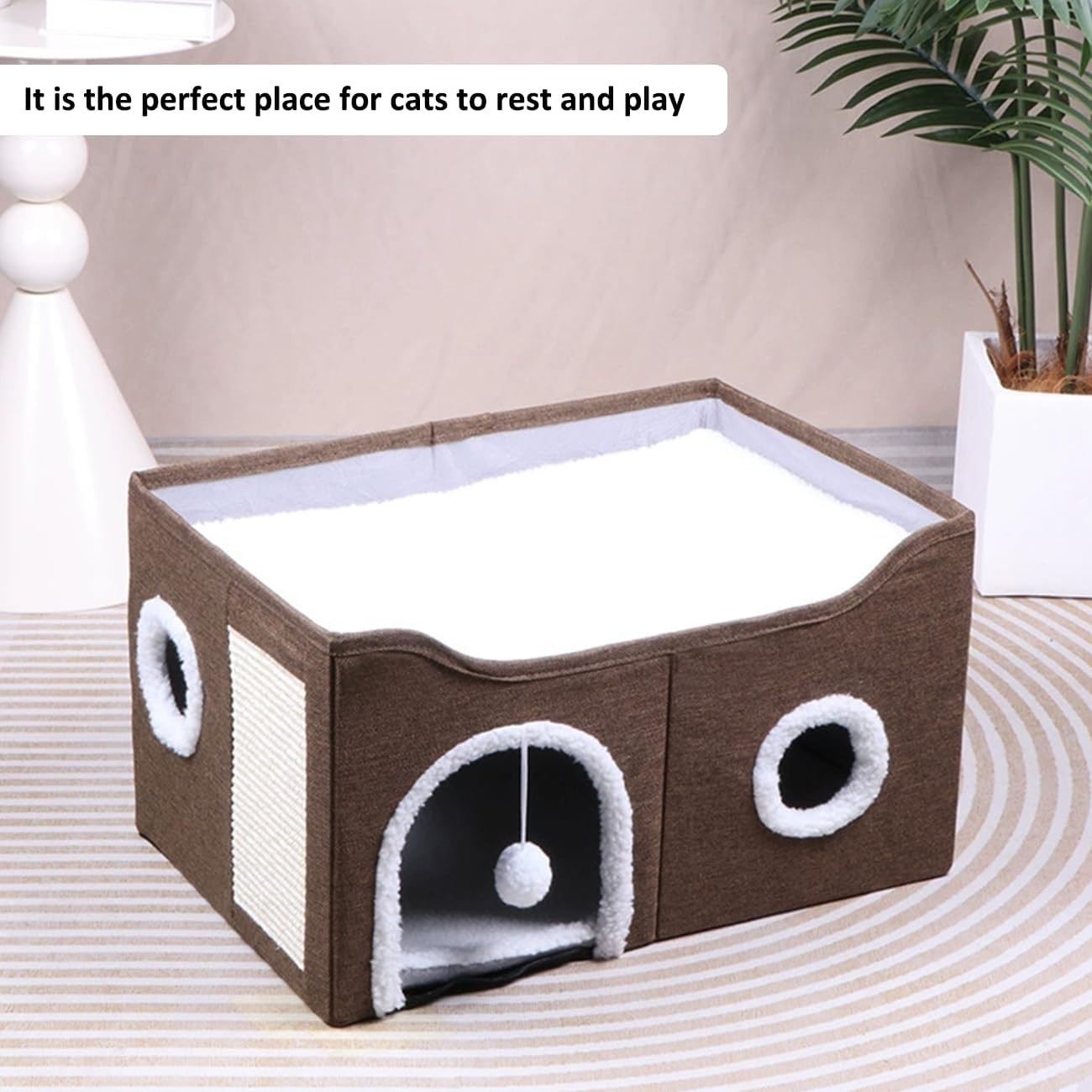 Foldable Cat House Cave Bed 2 Tier Cat Condo w Scratching Board