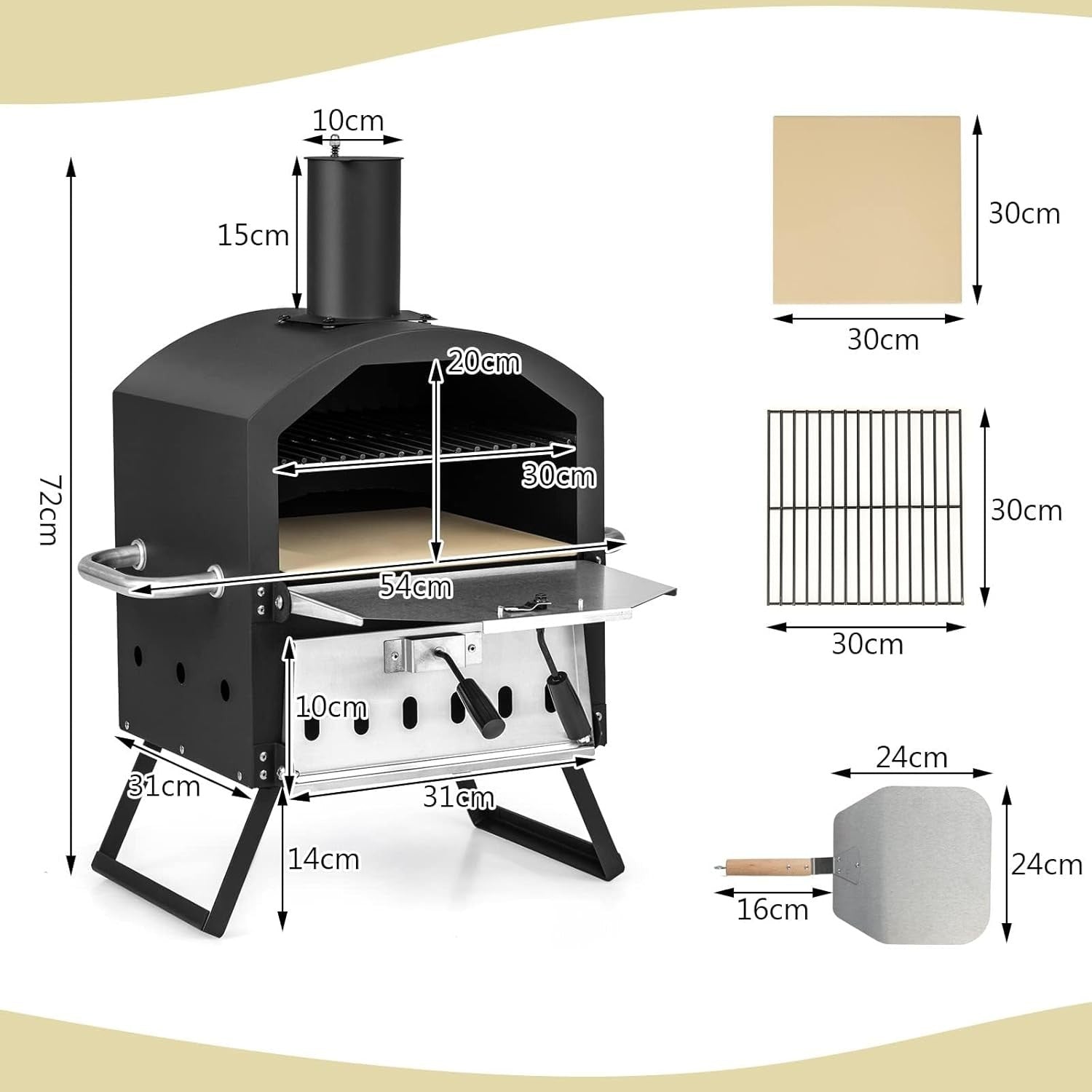 Wood Fired Outdoor Pizza Oven 2-Layer Stone BBQ Cooker with Cover & Peel