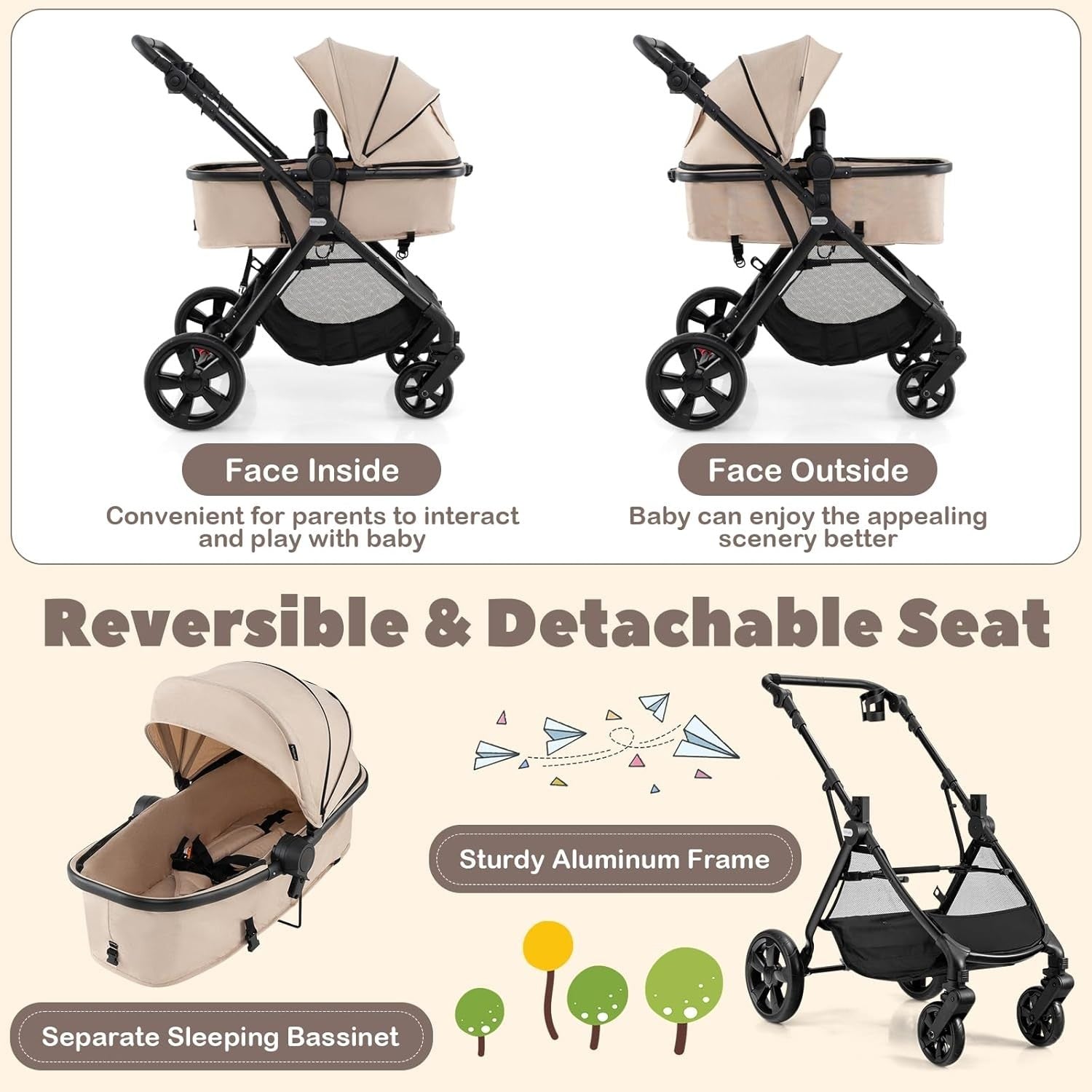 2in1 Baby Pushchair Reversible Seat Foldable Newborn Stroller Beige