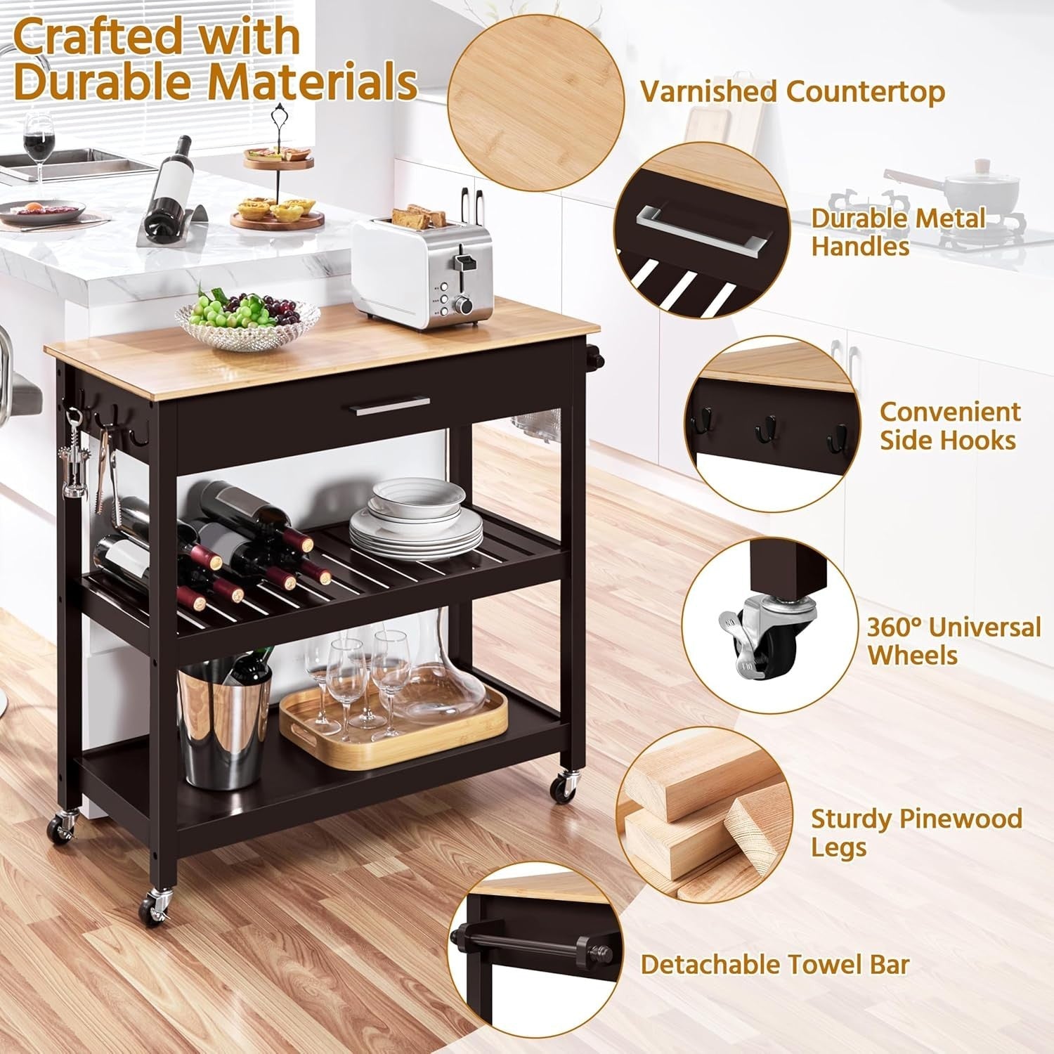 Rolling Kitchen Island Trolley Cart with Bamboo Top, Drawer & Shelves