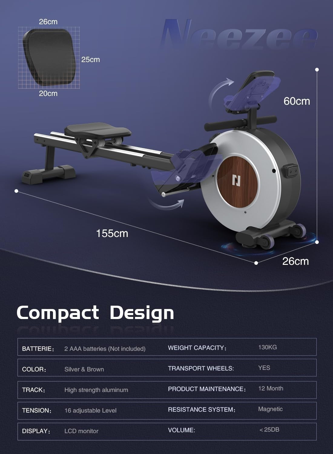 Magnetic Rowing Machine 16-Level Quiet Resistance Dual Rail LCD App 130KG