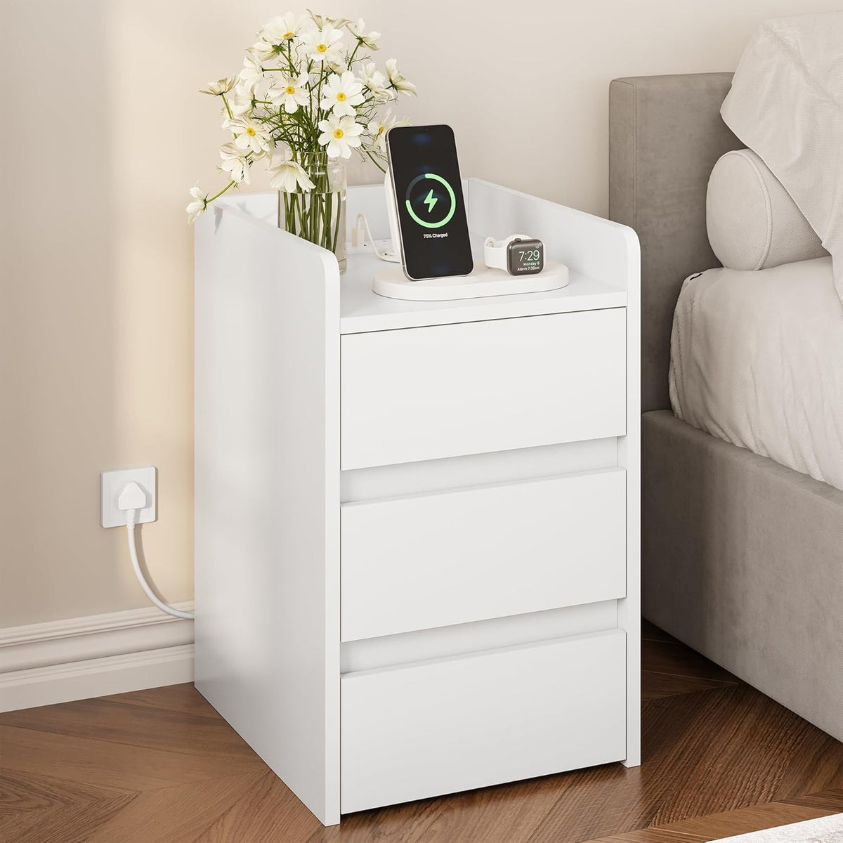 White Bedside Table with 3 Drawers & Power Station | Modern Nightstand 35×59cm