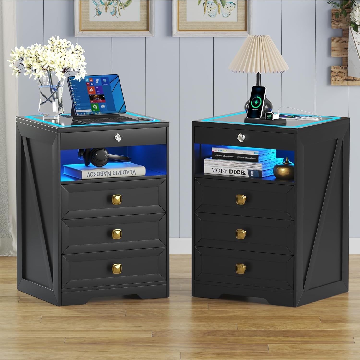 Set of 2 Black LED Bedside Tables with Wireless Charging, Glass Top & Hidden Dra