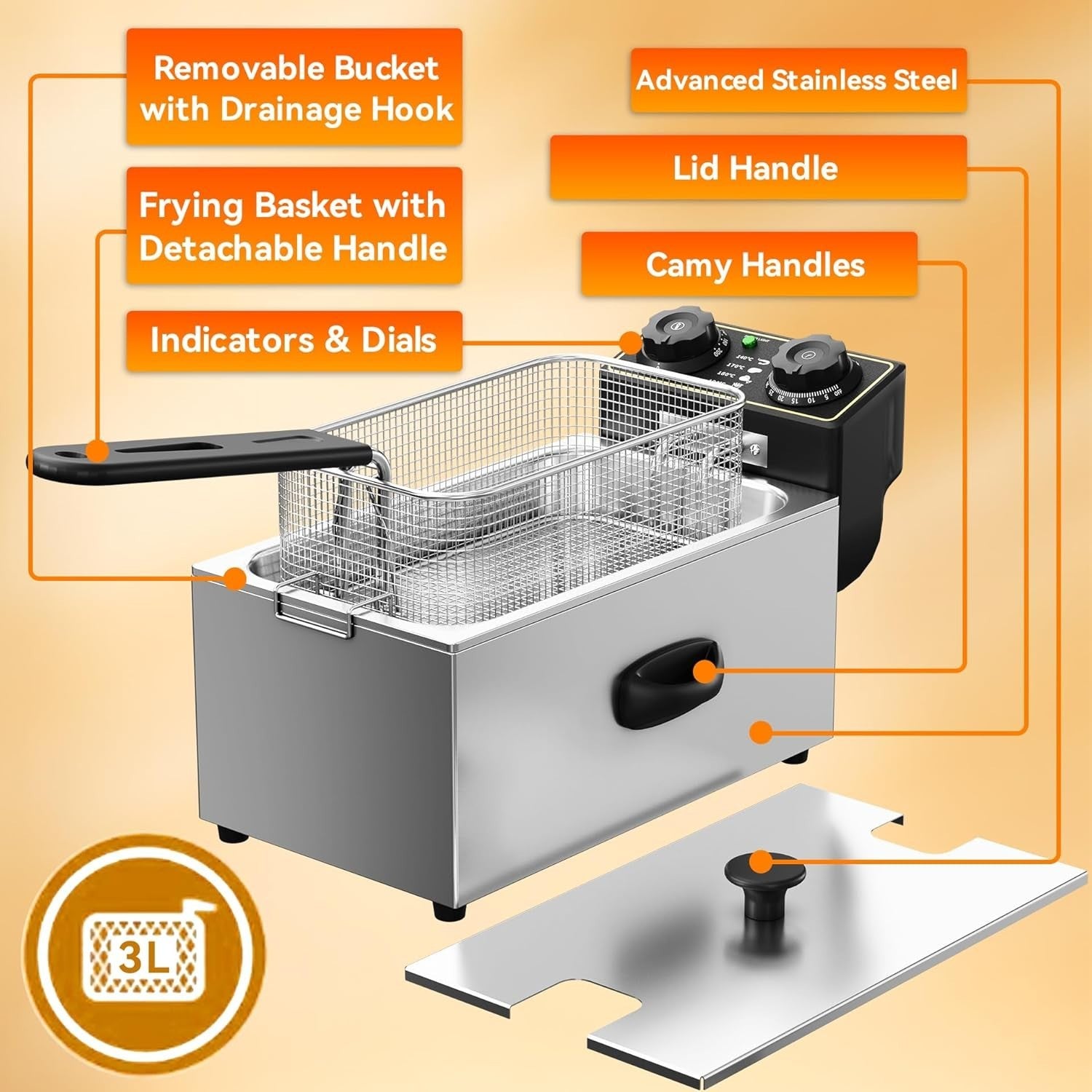 3L Electric Deep Fat Fryer 2000W Adjustable Temp Compact Chip Fryer