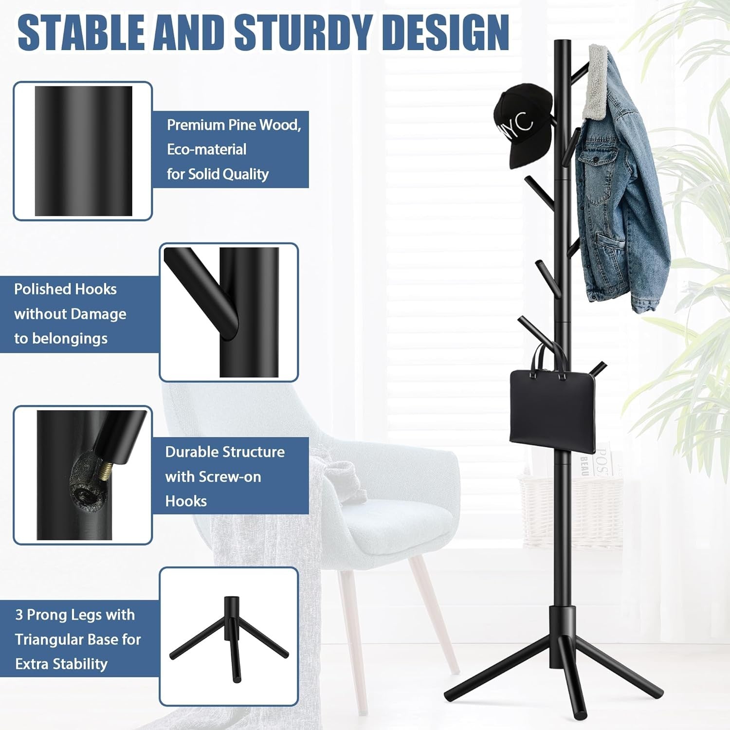 Haddockway Wooden Coat Rack Stand with 8 Hooks New Zealand Pine Adjustable Coat
