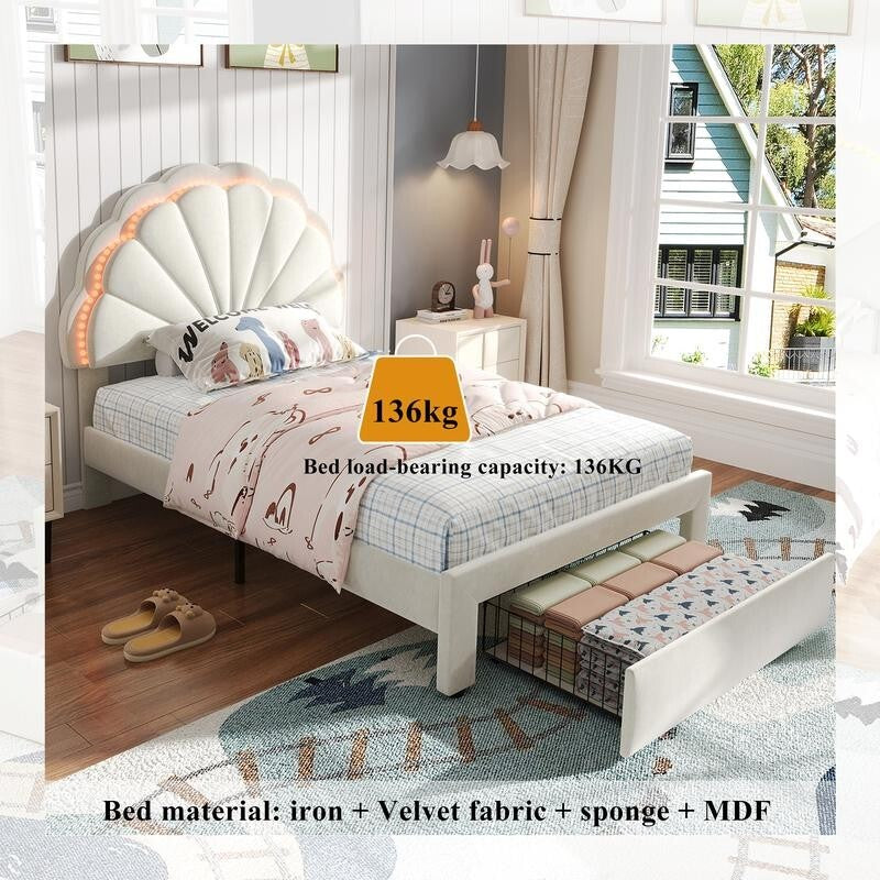 3FT Shell Single Bed with LED Lights & Drawer – Velvet Kids Teen Bed Beige