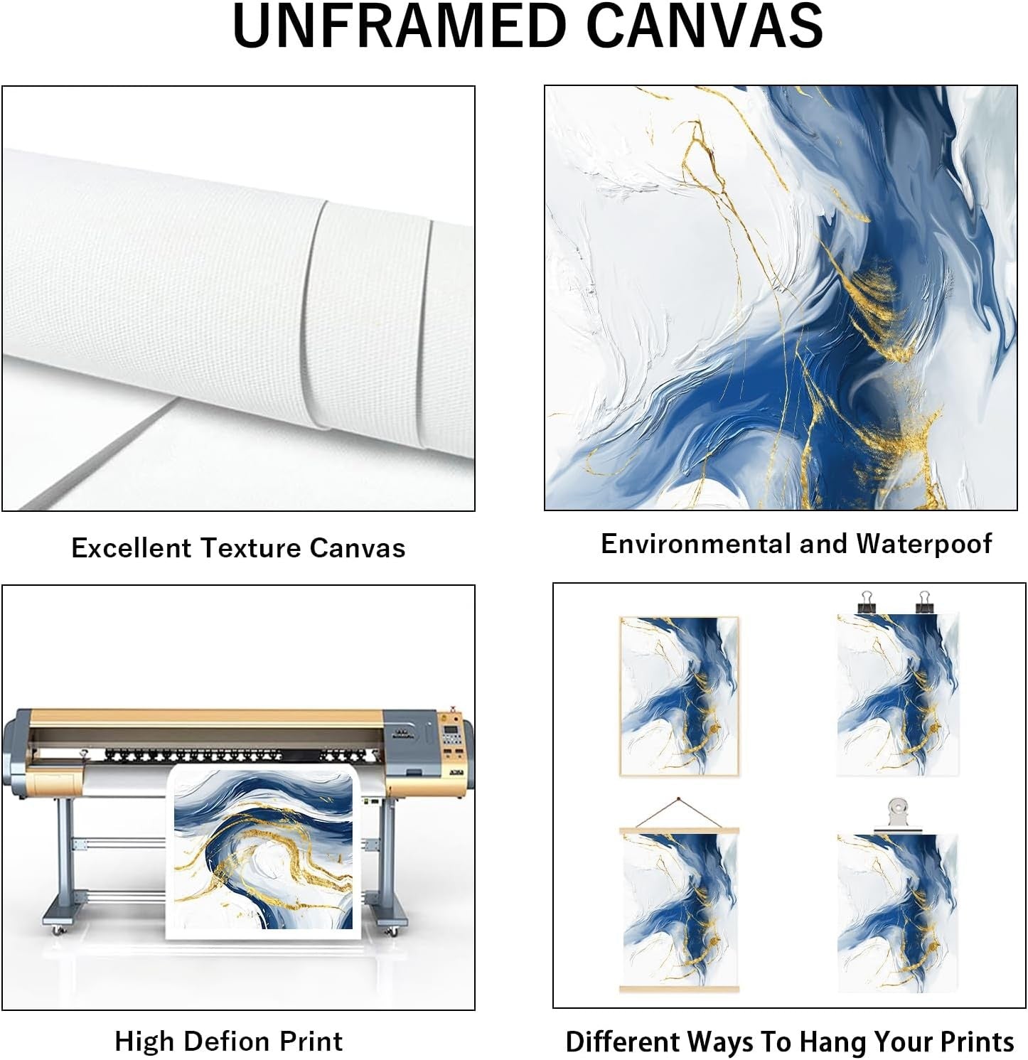 Blue Gold Abstract Canvas Wall Art Set 3 60x40cm Prints