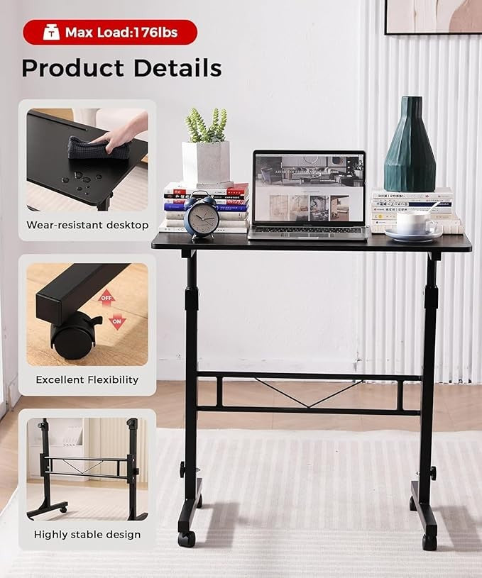 Adjustable Standing Desk Mobile Laptop Desk with Wheels 80x40cm Black