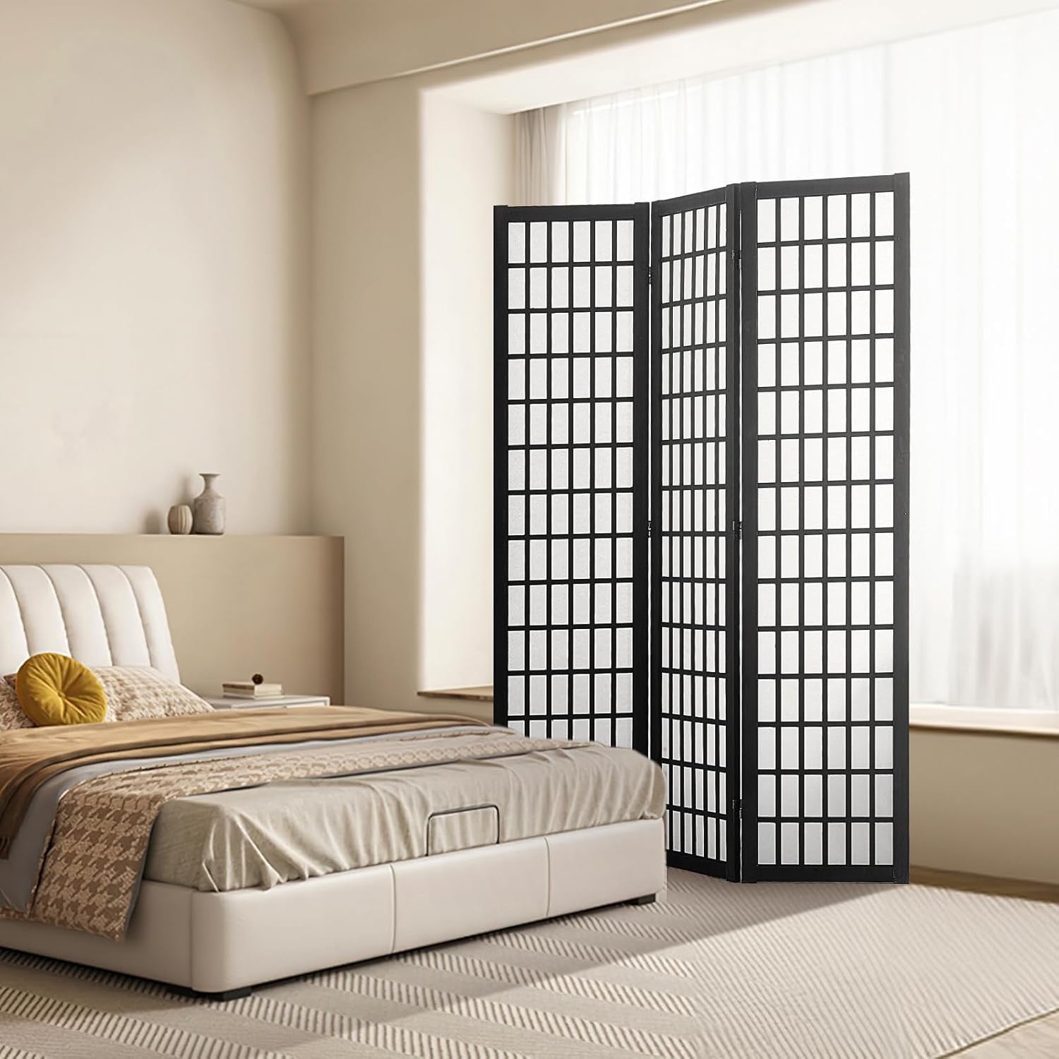 3 Panel Japanese Folding Room Divider Black Wood Privacy Screen 120x170cm